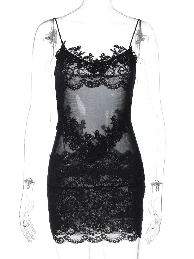 Woman Clothing Spaghetti Strap Mesh Lace Patchwork Party Club Dress Female Sexy See-through Sleeveless Short Evening Dresses