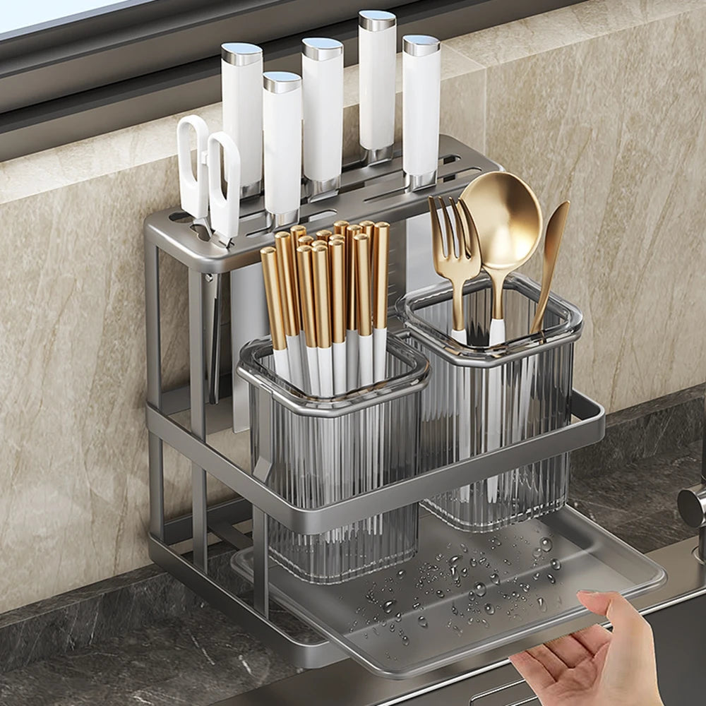 Wall Mounted Kitchen Cutlery Organizer Knife Spoon Fork Chopstick Drain Rack Drainer Utensil Kitchen Storage Punching Free NEW