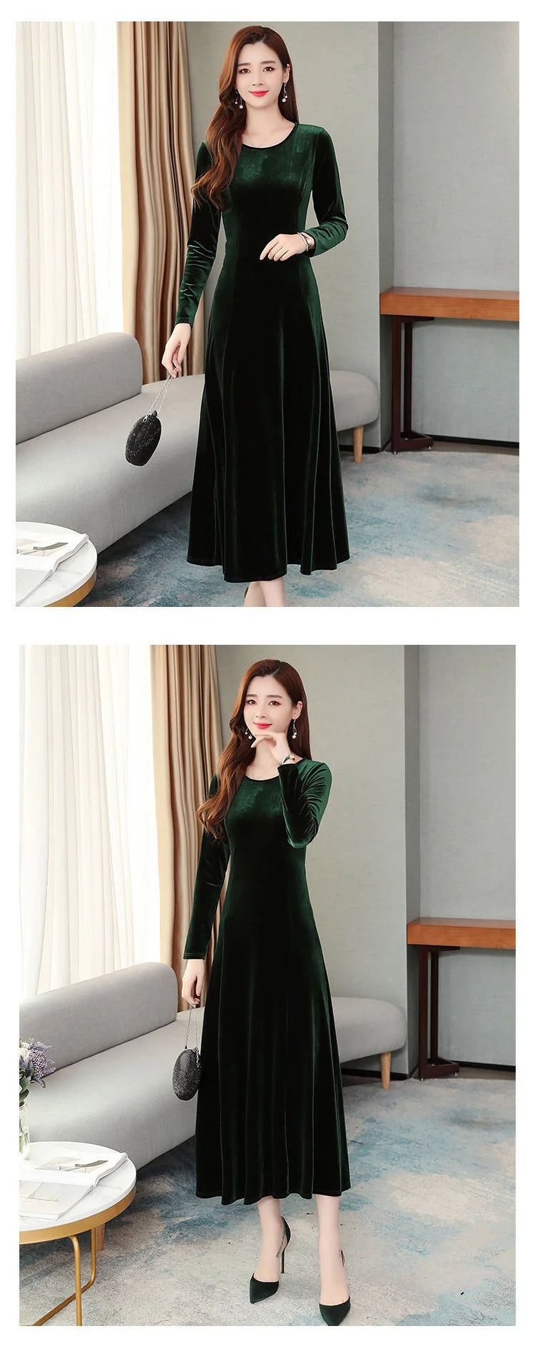 Elegant Long Velvet Dress Women's Autumn Winter New Style Knee-Length A-Line Skirt Polyester Fabric Regular Sleeve round Neck