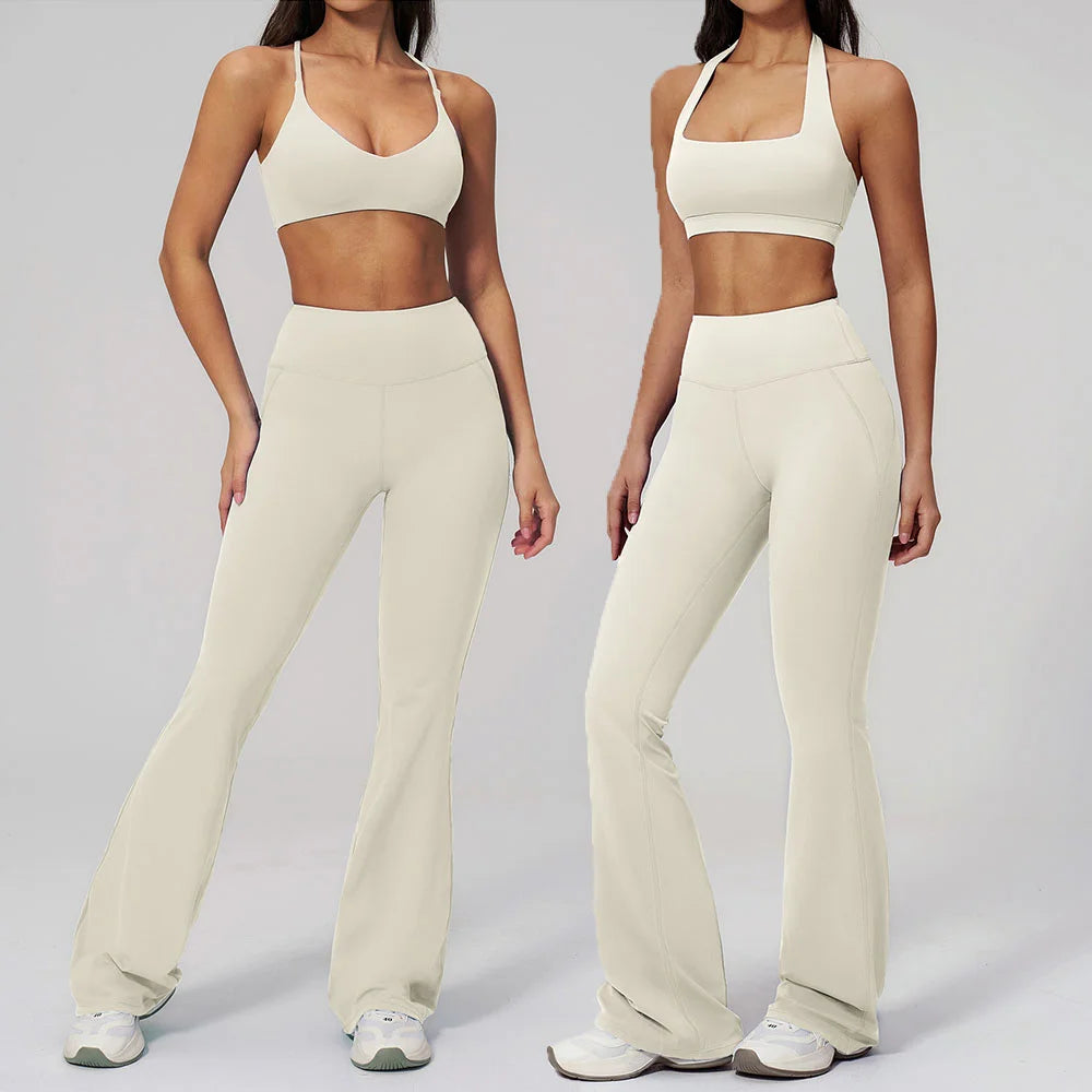 Women's Tracksuits 2PCS Flared Pants Yoga Set Gym Fitness Outfits Female Shockproof Sports Bra Yoga Workout Clothes Sports Sets