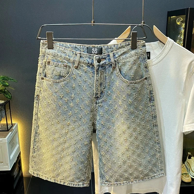 Workwear Pants, Washed Denim Shorts, Men's Denim Shorts, Designer High Street Fashion Loose Fit Fir Straight Leg Men's Shorts