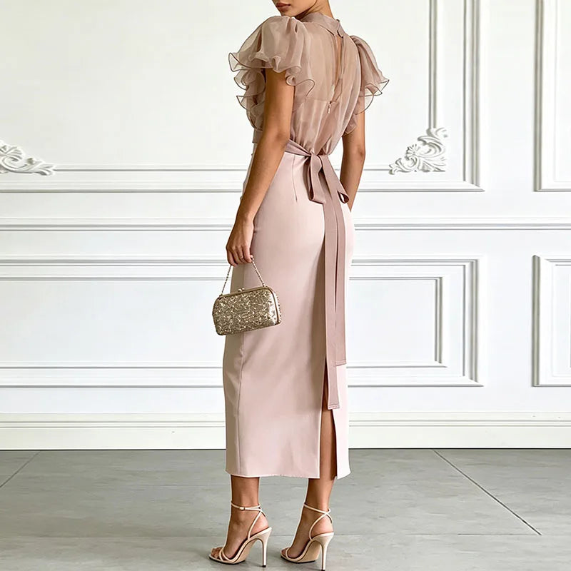 Women Solid 2 Piece Set Stand Collar Ruffle Puff Sleeve Mesh Crop Top & Bodycon Skirt Suits Elegant Wedding Guest Evening Outfit