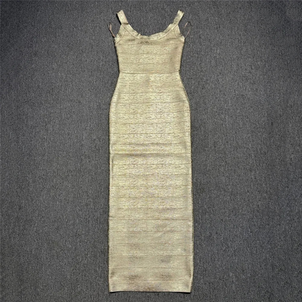 Fashionable Hot Stamping Women Spaghetti Strap Bandage Dress Celebrity Party Maxi Dresses