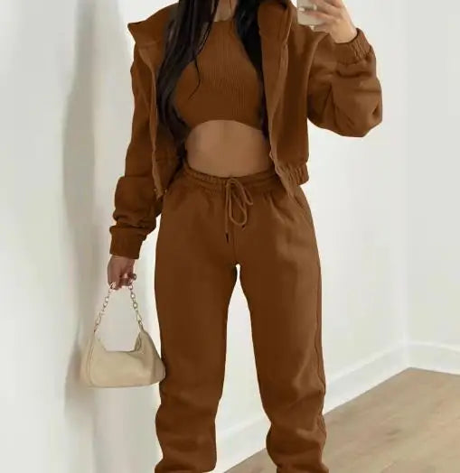 Ladies Tracksuit Zippered Hooded Jogger Tracksuit Thermal Lined Trousers Tracksuit Fashionable Athleisure Cozy Ensemble