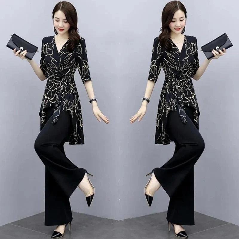 2 Piece Set Women Casual Fashion Printing Pants Suit Short Sleeve Tops +Wide Leg Pants 2 Piece Outfits Women White Set Summer4XL