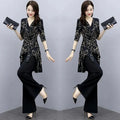 2 Piece Set Women Casual Fashion Printing Pants Suit Short Sleeve Tops +Wide Leg Pants 2 Piece Outfits Women White Set Summer4XL