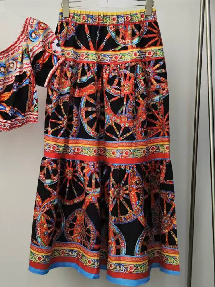 Retro geometric print sexy one neck short pullover two-piece set for 2026 summer women's clothing+elastic waist loose skirt set