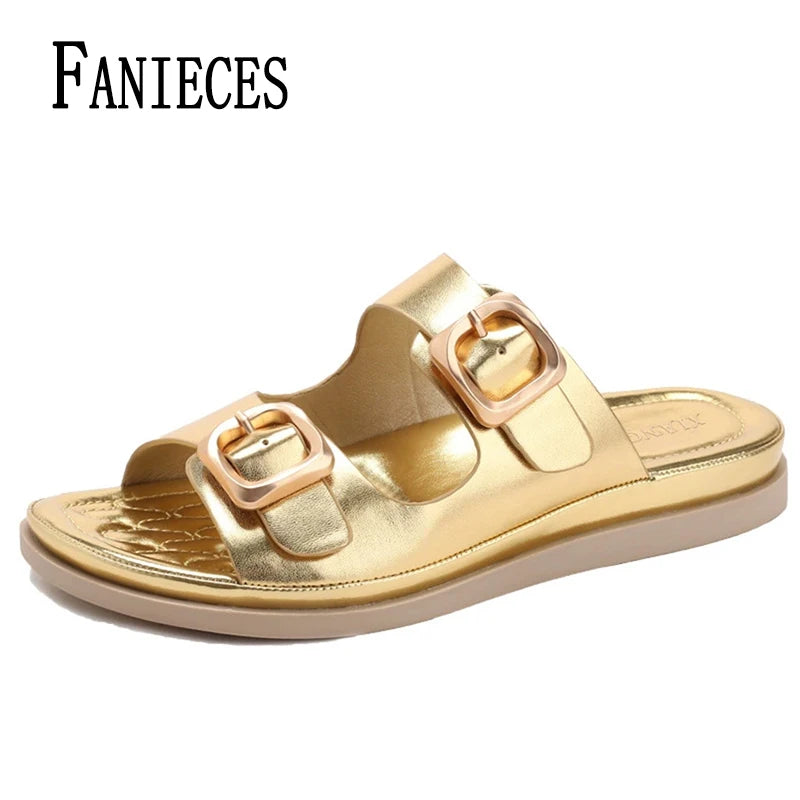 Casual Slippers Women PU Leather Open Toe Double Buckle Flat Summer Outdoors Non-Slip Soft Soles Slip On Beach Footwear Slippers