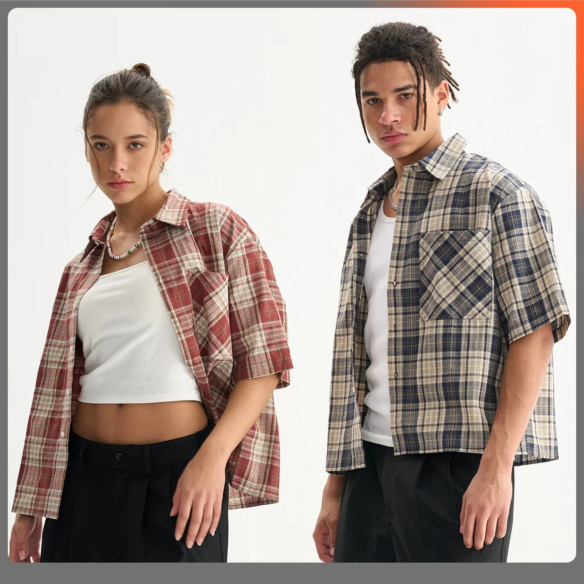 Mens 100% Cotton Short Sleeve Cropped Plaid Shirt for Summer Boxy Fit Button Up Custom Flannel Fashion Street Clothes Unisex