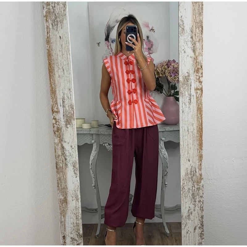 Striped Mandarin Collar Frog Button Ruffle Trim Top Striped Single‑breasted 2026 Summer Women Blouse Versatile Casual Lady Top
