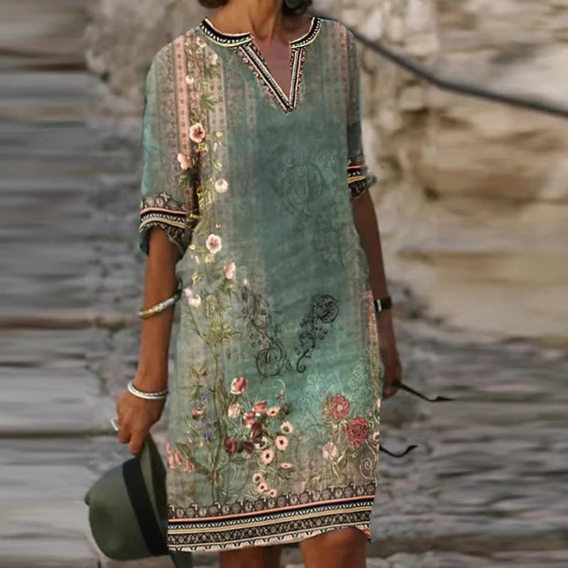 Fashion Retro Printing Women Dress Sexy V-Neck Short Sleeve Loose Beach Homewear Dress Summer Casual Comfy Female Model Dress