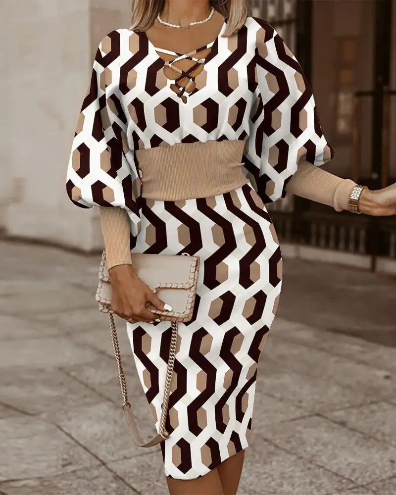 Elegant Women's Maze Printed Long Sleeved Slim Fit Dress 2024 Fashionable Woman Hollowed Out V-neck Cinched Party Club Vestiods