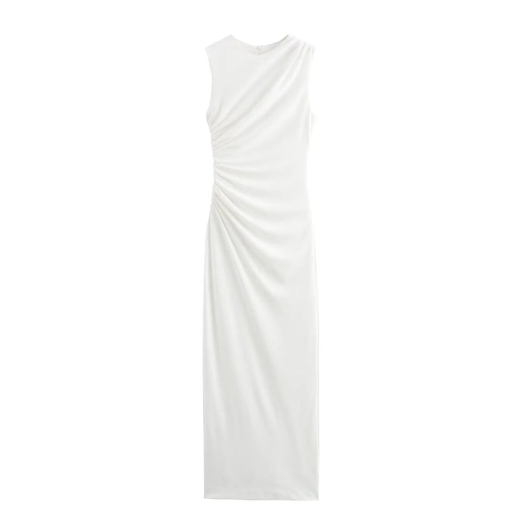 BSAY Women Fashion Summer New White Pleated Back Zip Sleeveless Crewneck Vest Long Dress Chic Female Elegant Evening
