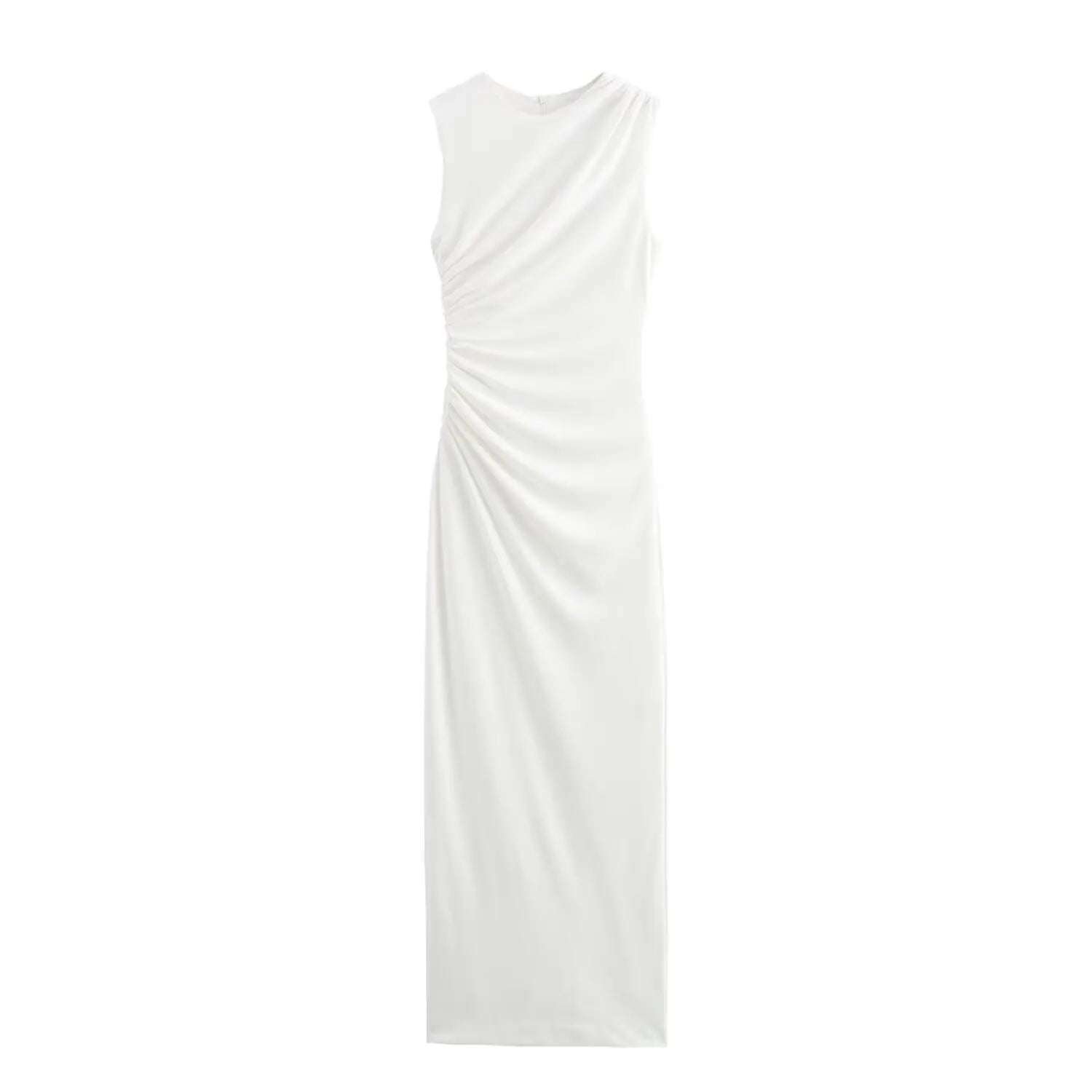 BSAY Women Fashion Summer New White Pleated Back Zip Sleeveless Crewneck Vest Long Dress Chic Female Elegant Evening