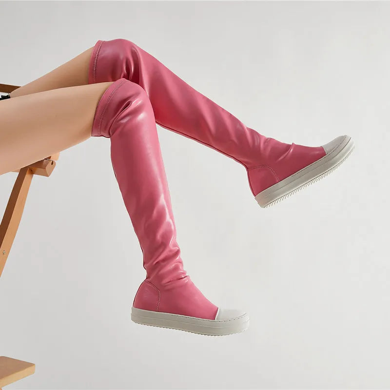 New Women Shoes Over Knee High Boots Luxury Trainers Winter Casual Brand Snow Spring Flats Shoes Black Big Size Mid-calf Boots