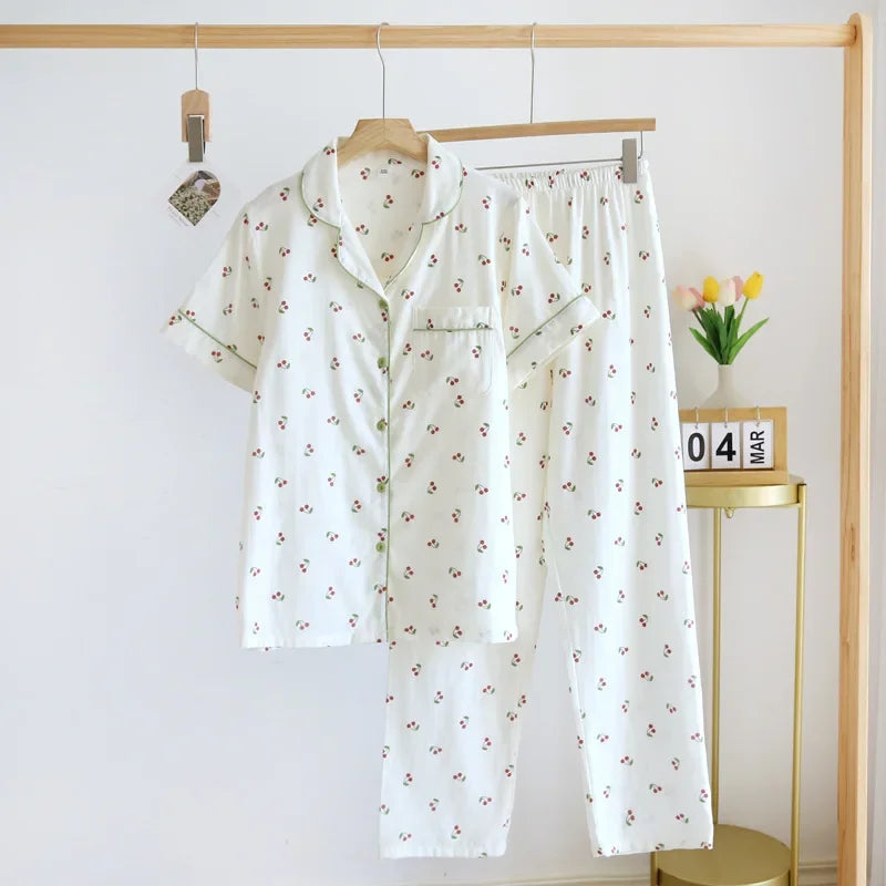 2026 Japanese new spring and summer short-sleeved trousers pajamas 2-piece set 100% cotton gauze flower cartoon home service set