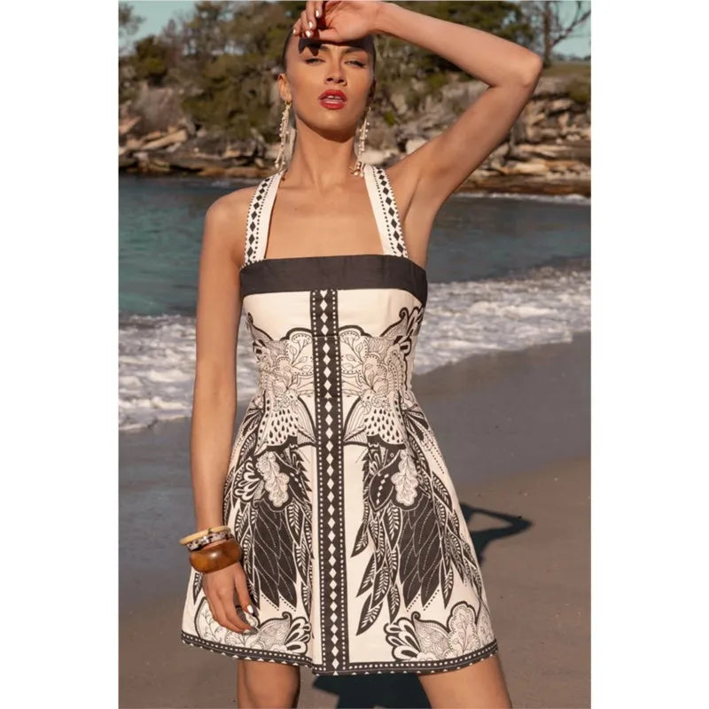 Sexy Elegant Tropical Printed Short Dress Women Spaghetti Strap Bodycon Mini Dresses 2026 Summer Dresses Beach Vacation Vestidos