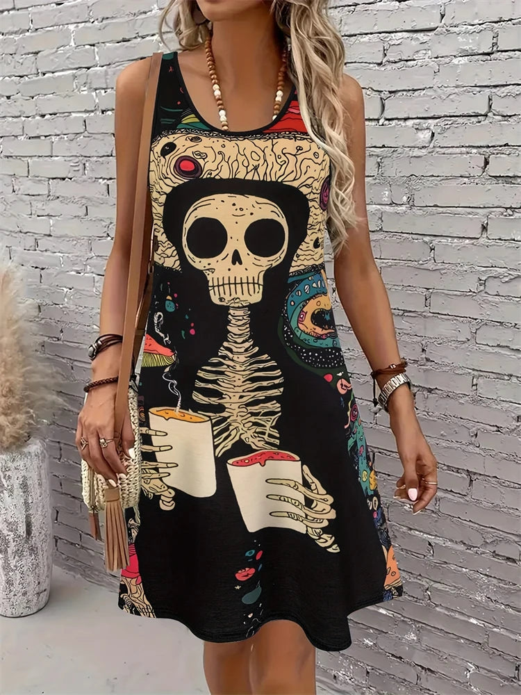 2026 New Women's Summer 3D Skull Print Dress Casual Round-Neck Sleeveless A-Line Dress Fashionable Street Style Dress