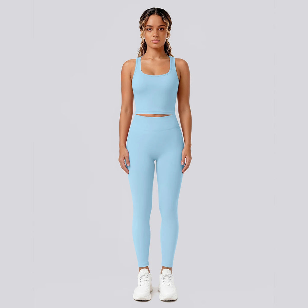 2PCS Solid Color Yoga Set for Woman's Gather Beautiful Back I-shaped Vest Shock-absorbing Running Yoga Tank Top Push Up Pants