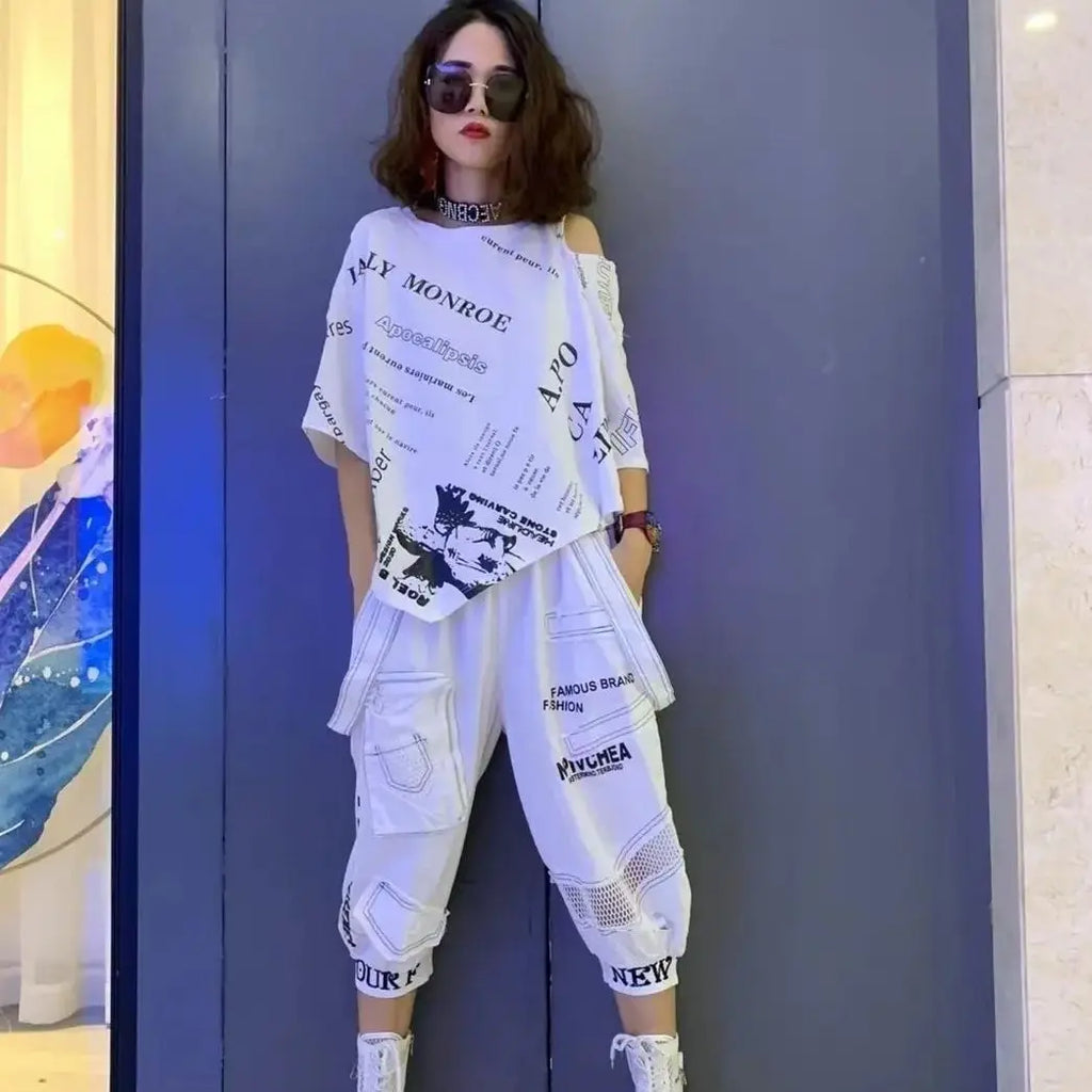 2026 Summer Womens 2 Piece Outfit Set Fashion Off Shoulder Stand Neck Short Sleeve T Shirt Tops+Casual Printed Capris Pants Suit