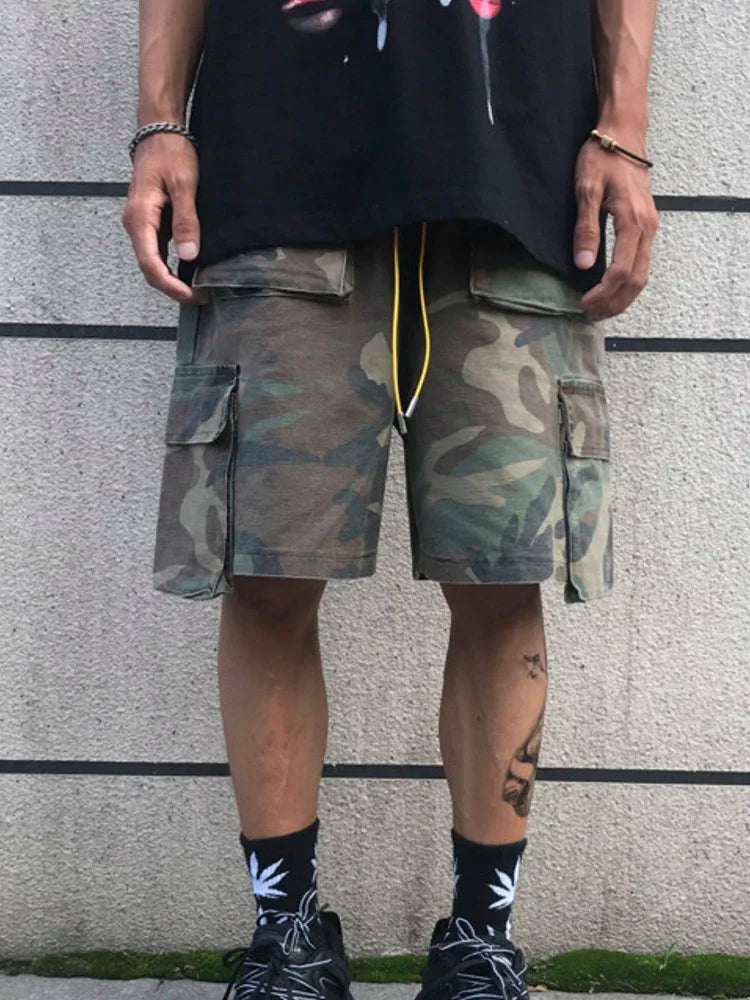 Summer Retro Camouflage Tactical Cargo Shorts Mens Drawstring Multi-Pockets Oversized Casual Work Denim Shorts Man Streetwear