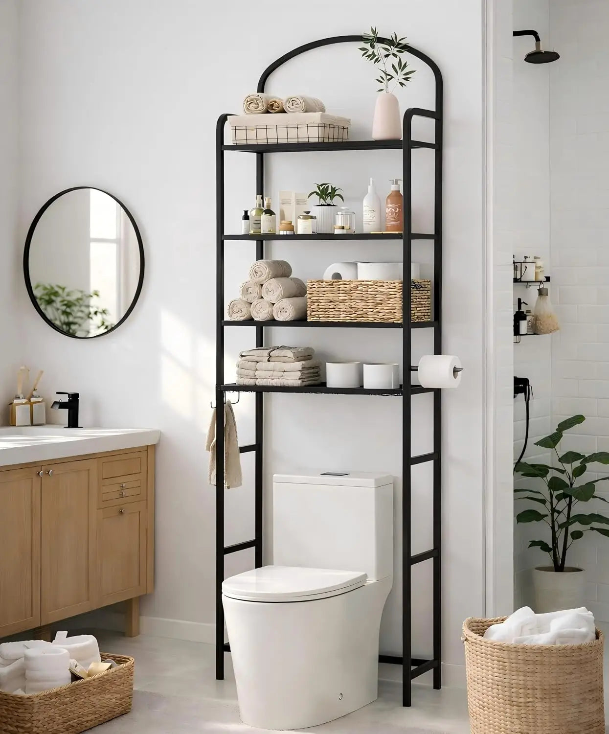 72" Over Toilet Storage Rack, 4-Tier Bathroom Organizer with Hooks & Paper Holder, Space-Saving Black Metal Shelf