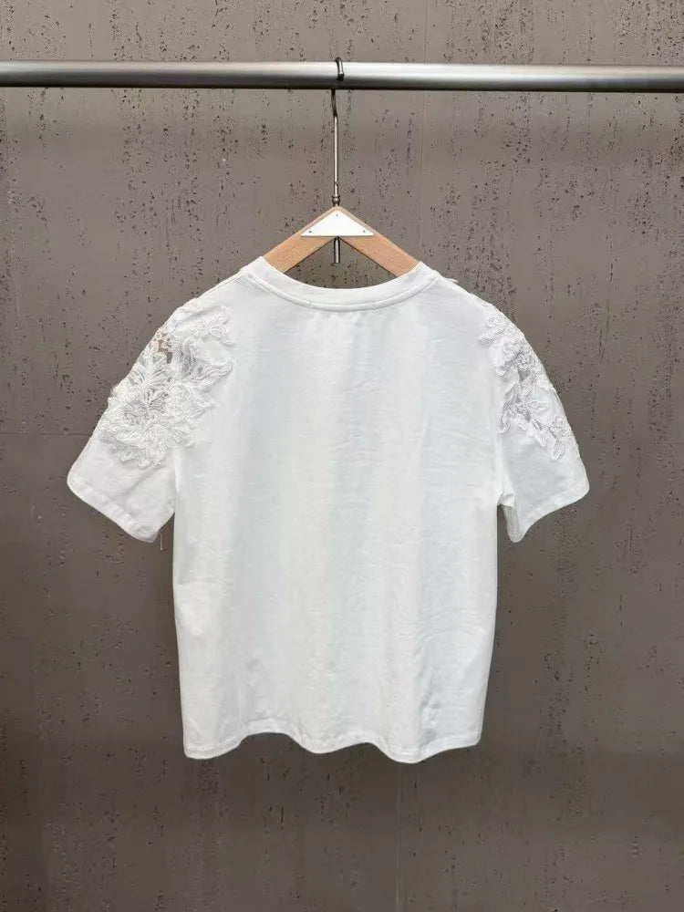 New 2026 Summer Women Casual T Shirts Short Sleeve Spliced Lace Embroidery Solid Color Ladies Fashion O Neck Pullover Tees Tops