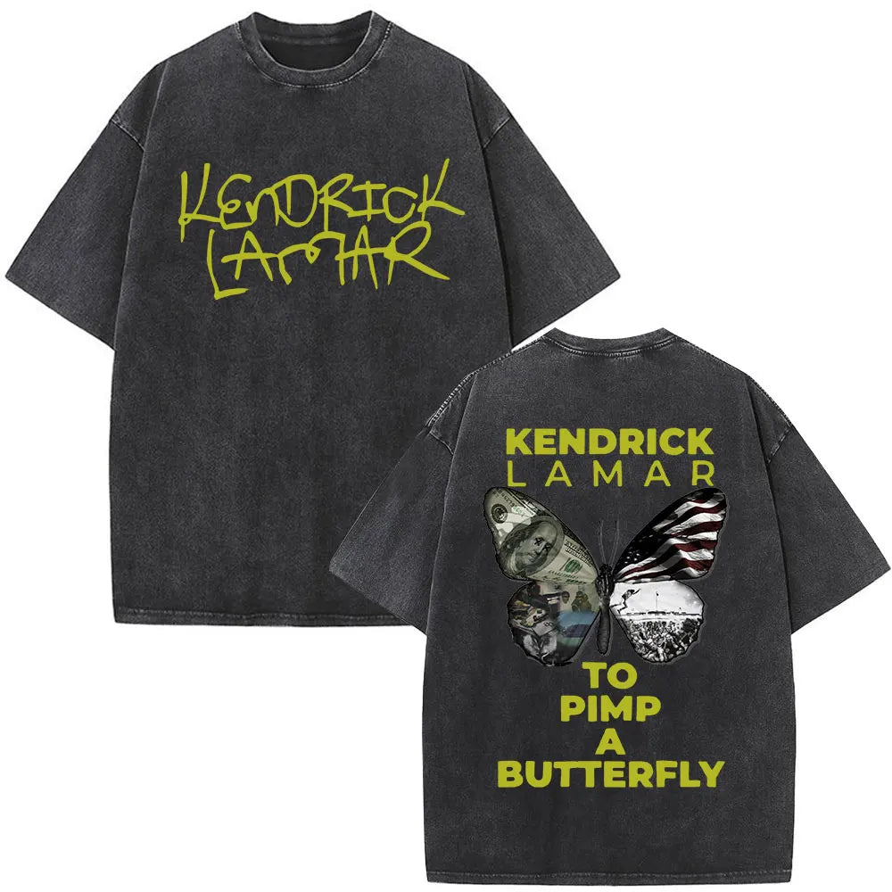 Kendrick Lamar To Pimp A Butterfly Graphic Vintage Washed T-shirts Men Fashion Hip Hop Retro Short Sleeve T Shirt Streetwear