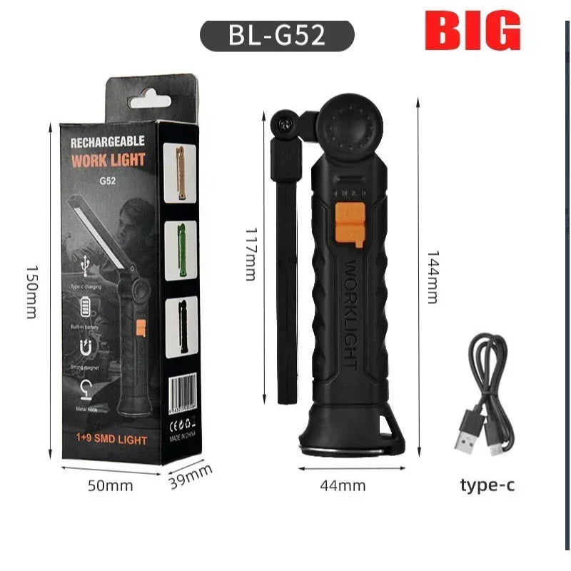 Multifunctional COB LED Flashlight Portable Magnetic Work Light Lantern USB Rechargeable Emergency Repair Camping Torch Lamp