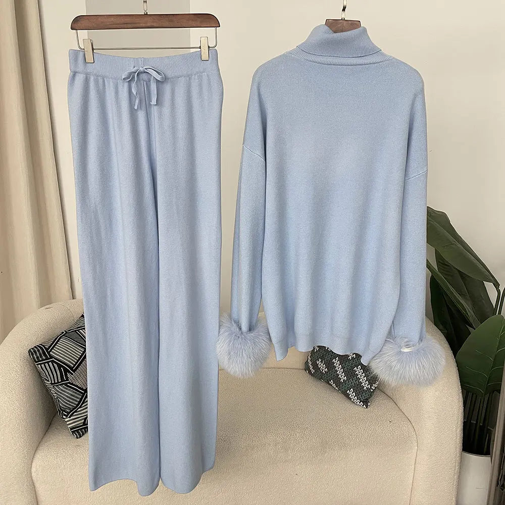2024 New Fashion Autumn Winter Natural Real Fox Fur Cuffs Coat Knitted Sweater Women Long Pants Set Jacket Thick Warm