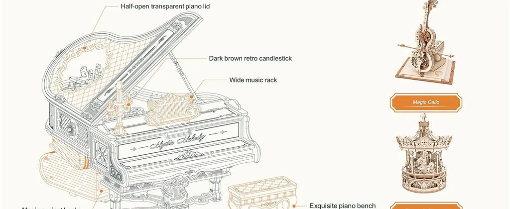 ROKR Magic Piano - 3D Wooden Puzzle, 233-piece Mechanical Music Box, Automatically Playable, DIY Model, Adult Home Decor Gift
