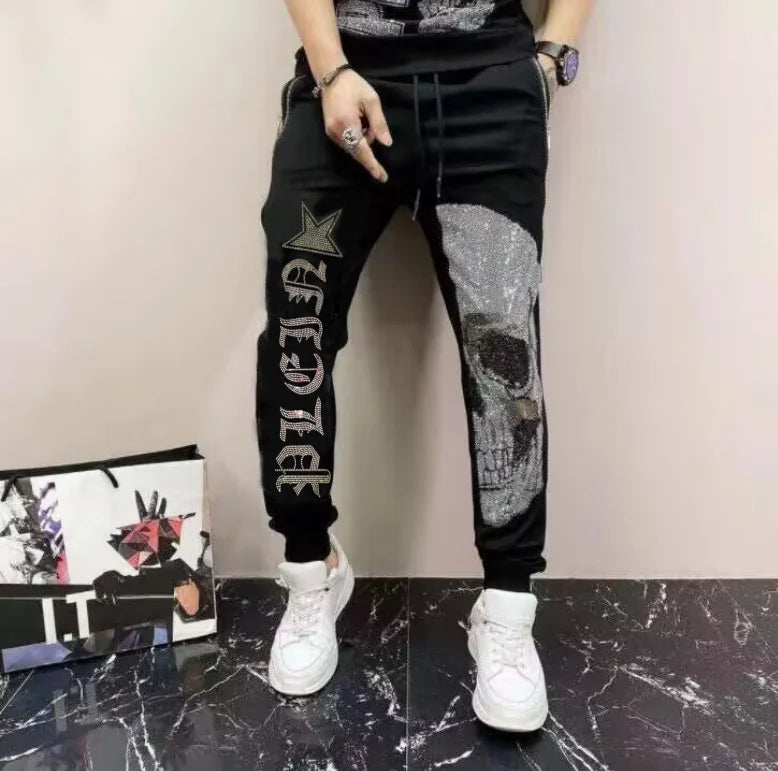 2025 Summer New Luxury Men's Fashion Skull Design Rhinestones T-Shirt Pure Cotton Crew-Neck Casual High Quality
