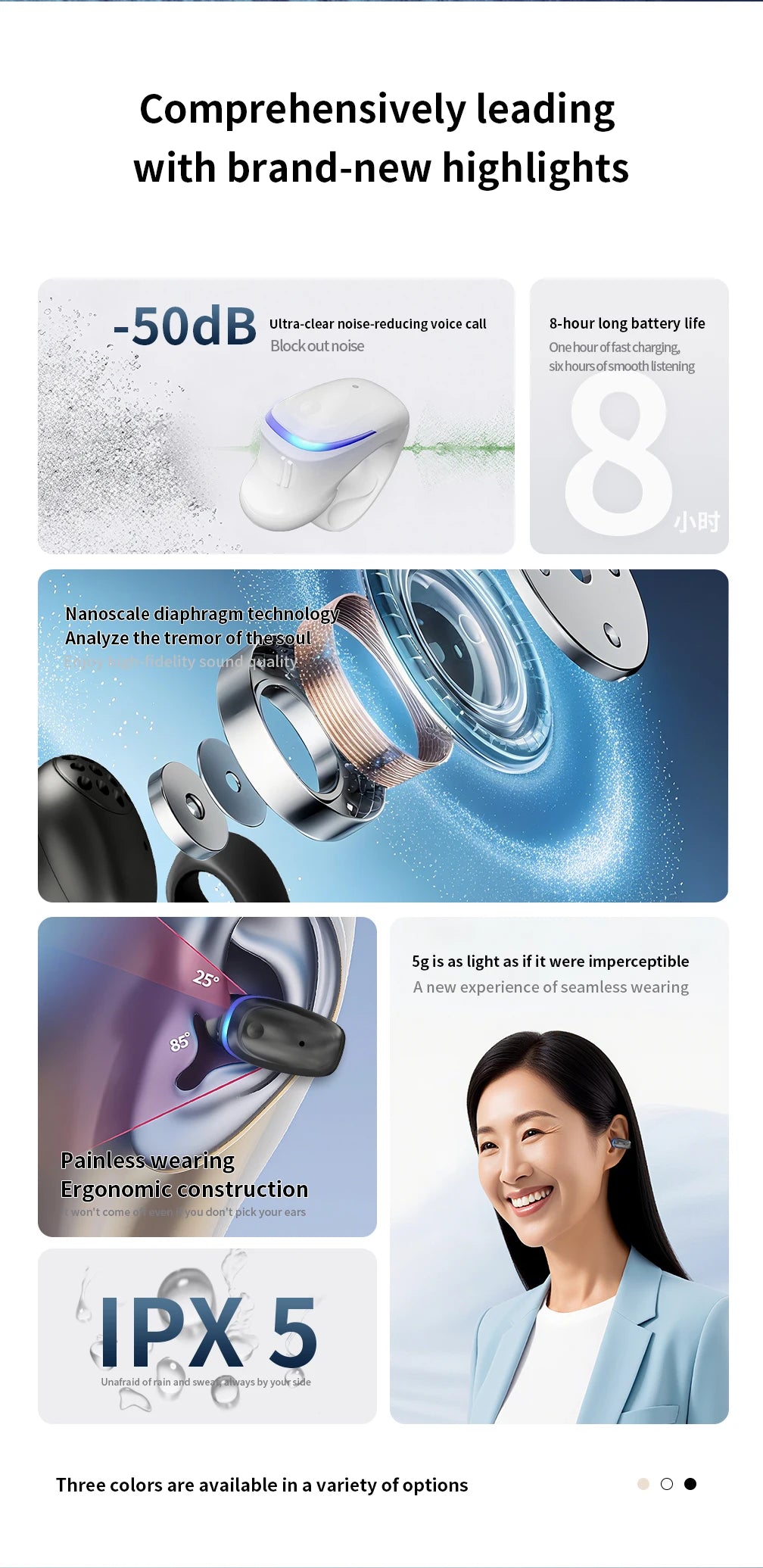 Long Time Wear Ultra Long Battery Life Wireless Bluetooth 5.3 Headset Clip-On Earphone For iPhone For Huawei For Realme For Vivo