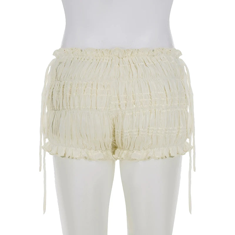 SUCHCUTE Beige Folds Textured Chiffon Shorts Women Summer Elastic Waist Bottoms All Match Casual Shorts Grunge Fairycore 2026