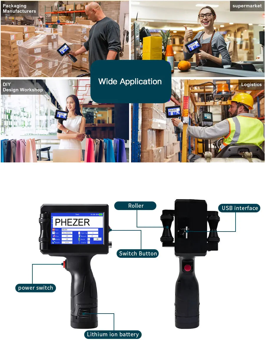 Phezer P15 Handheld Inkjet Printer 12.7mm QR Code Barcode Batch Code Date Number Logo Expiry Date Label Printer 28 Languages