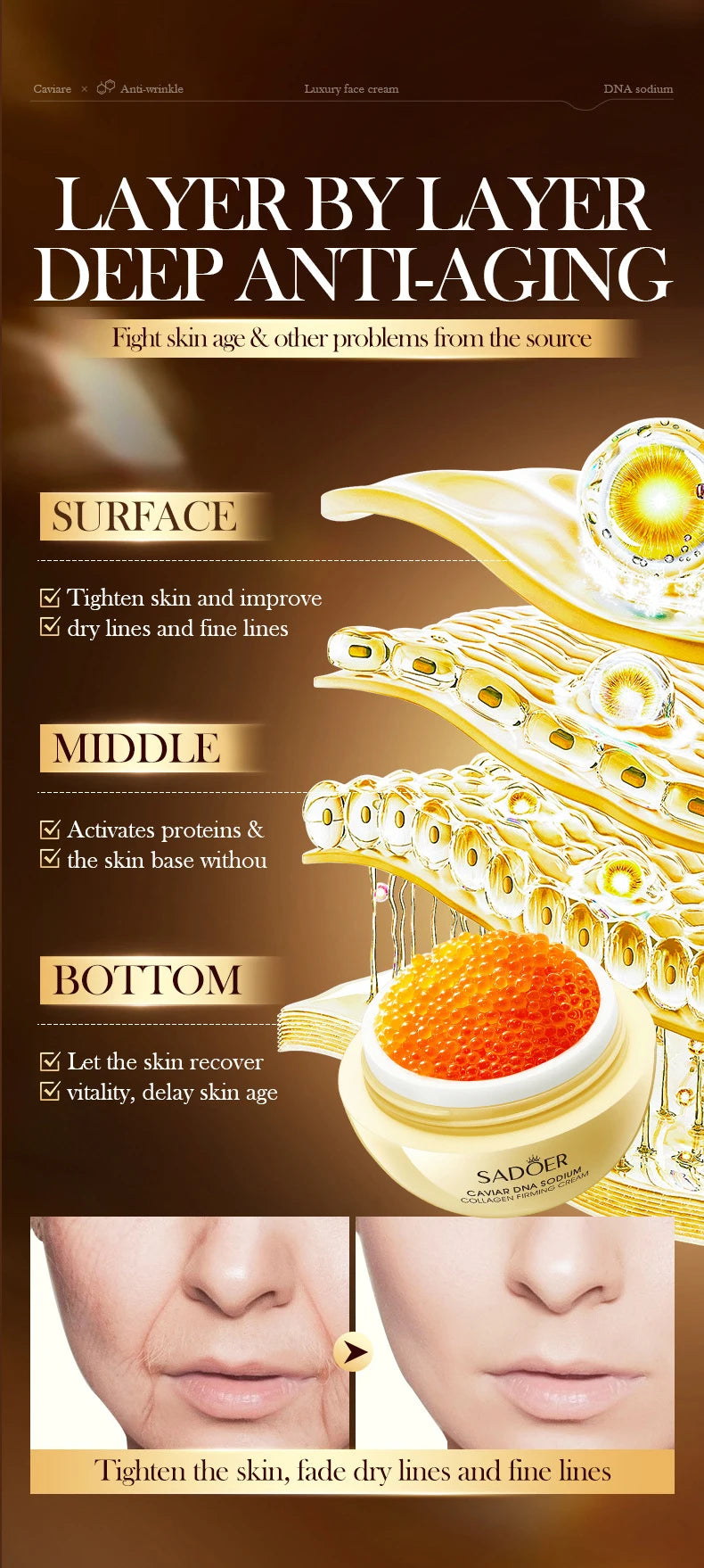 Caviar Firming Wrinkles Face Cream Collagen Lightening Fine Lines Deep Hydration Moisturizing Smooth Brighten Skin Care Products
