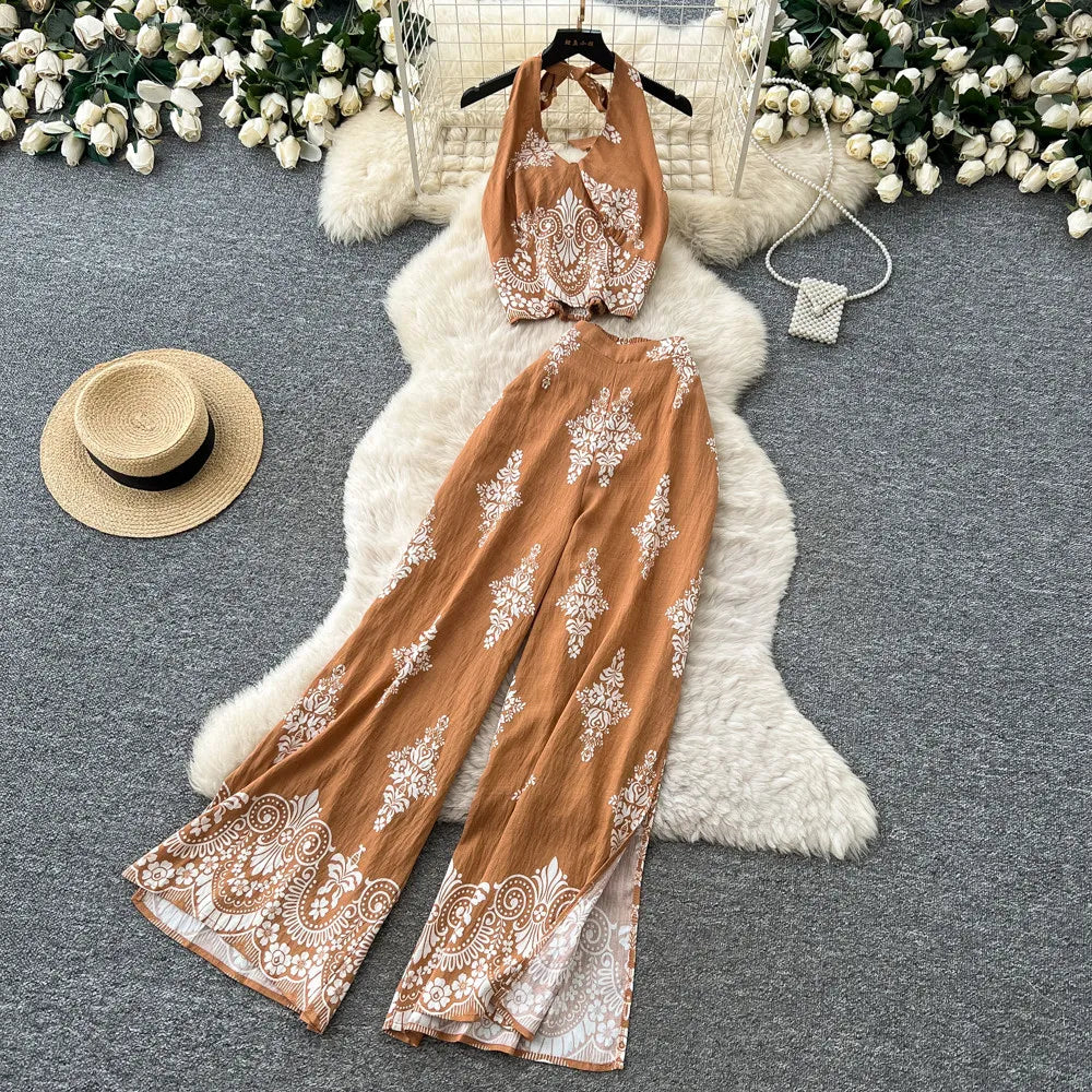 Women's Summer Two Pieces Bohemian Vacation Printed Halter Neck Sleeveless Top High Waist Wide Leg Pants Two-piece Set TP044