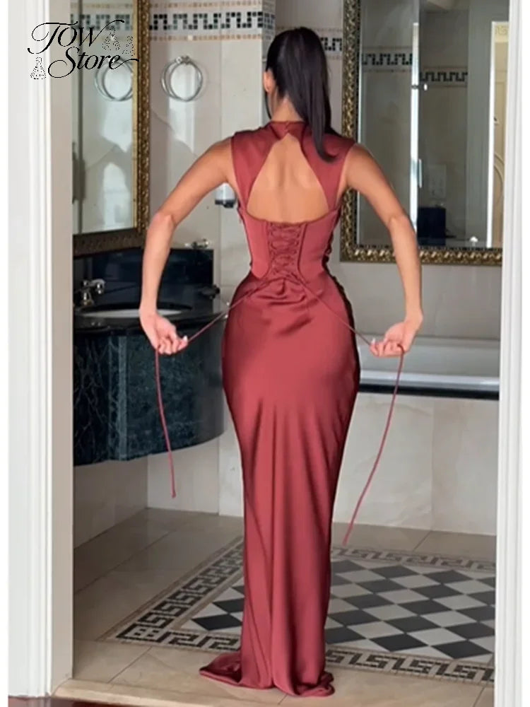 Solid Satin Cowl Neck Women's Dress Elegant Sleeveless Ruched Waist Fishtail Bodycon Lady Vestido 2026 Summer Party Dresses