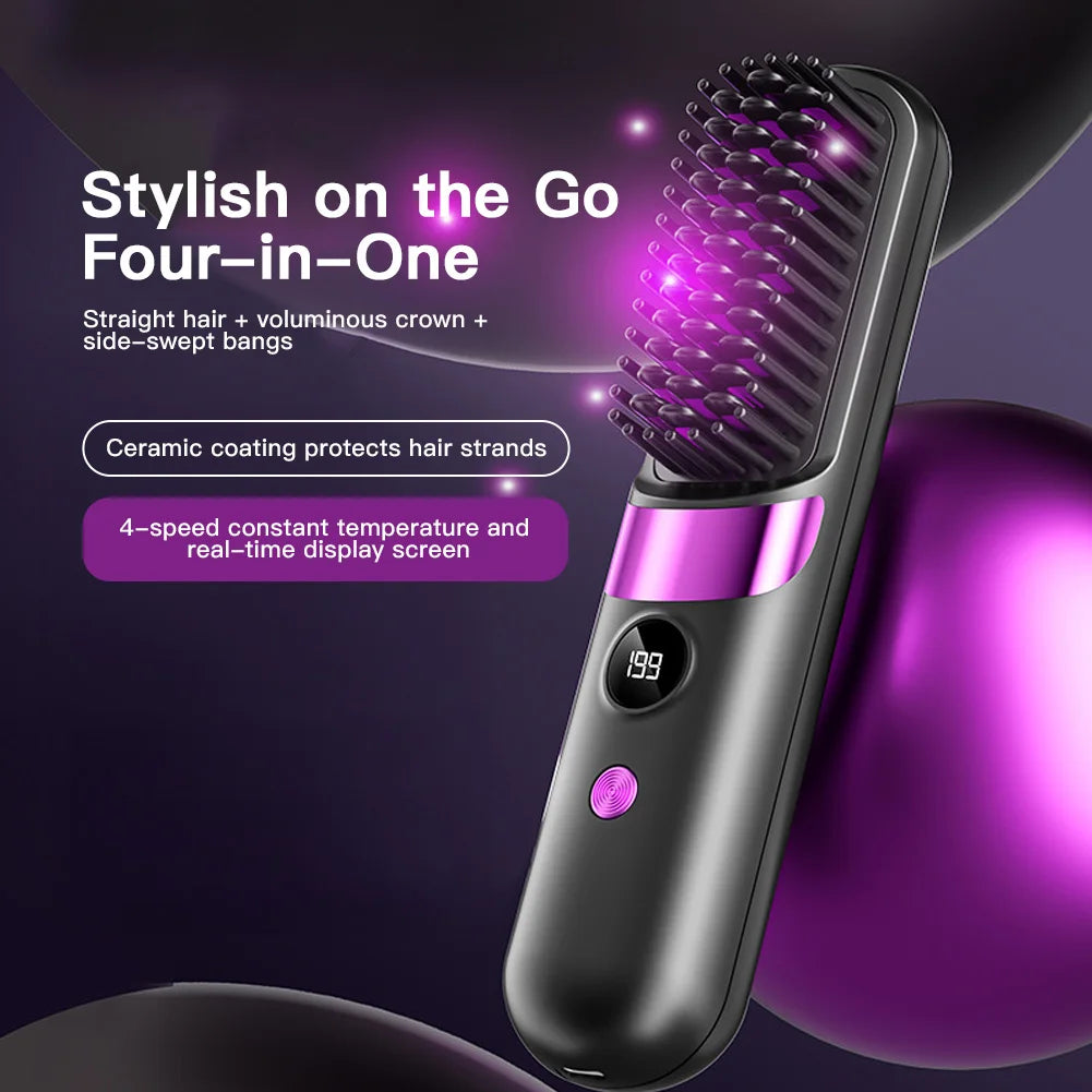 Portable Hair Straightener Cordless Comb with Negative Ion Fast Heating Rechargeable Brush for Straightening and Curling