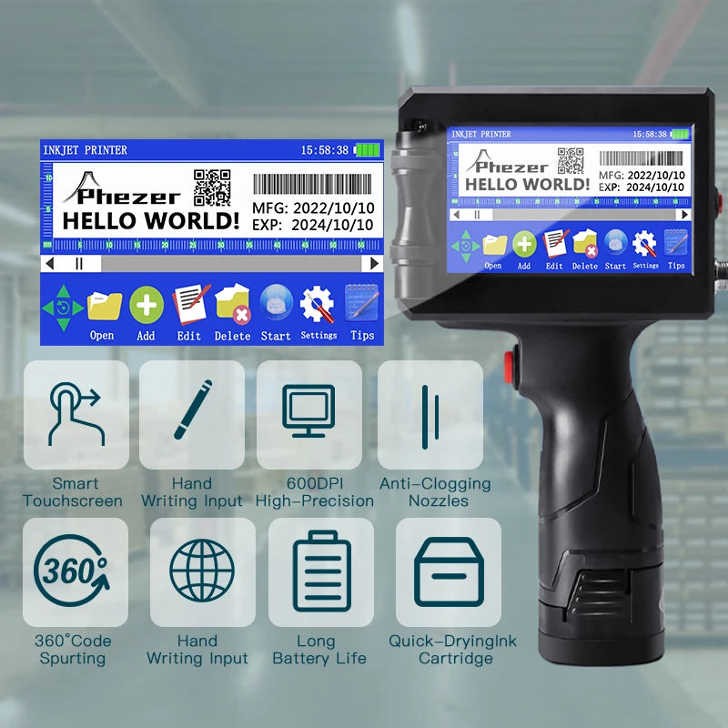 Phezer P15 12.7/25.4mm Handheld Inkjet Printer 28 Languages QR Code Barcode Batch Code Date Marking Expiration Date Coder