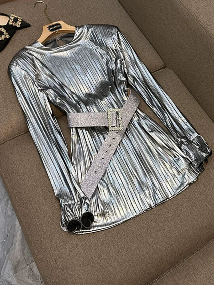 HIGH Quality 2026 Fashion Women's Sexy Luxury Glitter Flare Long Sleeve Belted Pleated Mini Party Dress