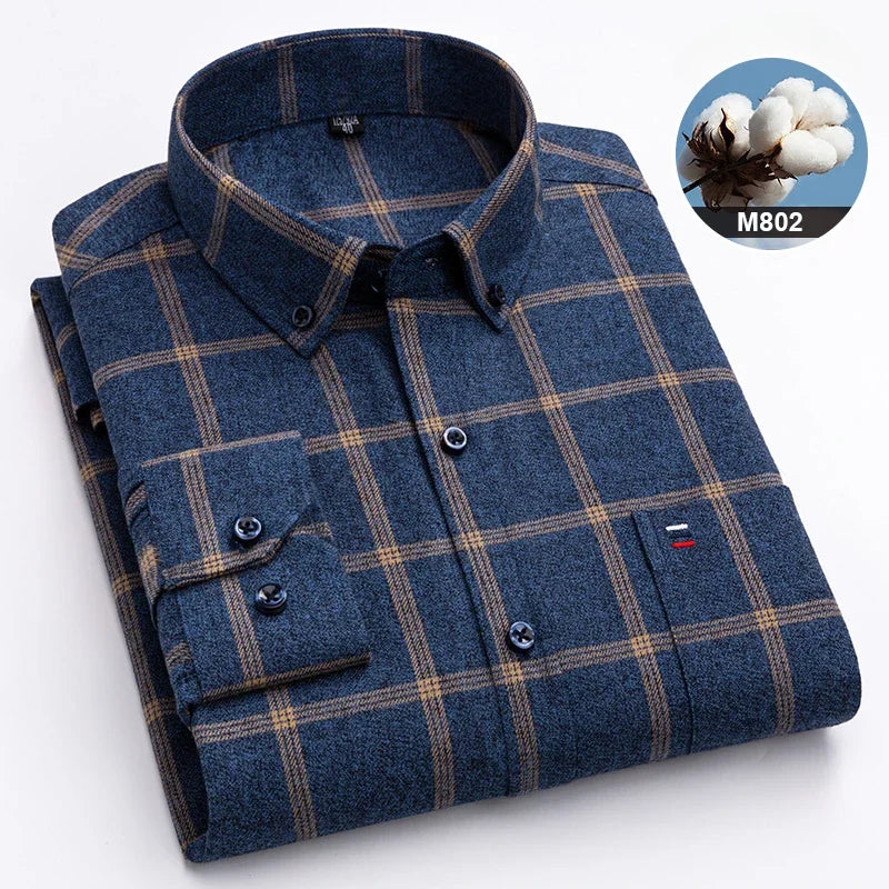 New in ShirtPlus Size 7XL 100% Cotton Sanding Long-Sleeve Shirts for Men Slim Fit Plain Shirt Striped Plaid Single Pocket Clothe