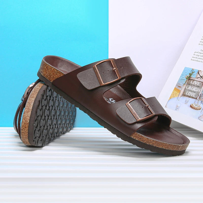 Summer Men Women Cork Slippers Clogs Microfiber Leather Slides Casual Slip On Sandal Double Buckle