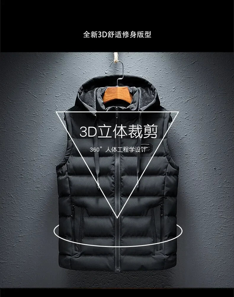 Fashion Warm Hooded Male Winter Vest Light Plus Size Mens Work Vest Waistcoat Hooded New Fleece Autumn Sleeveless Jacket for Men