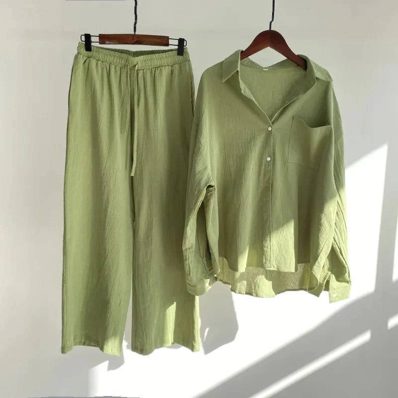 Women's 2-piece set 2026 Spring Autumn New Long sleeved Cotton linen Shirt top+High waisted loose Pants Comfortable Casual Sets