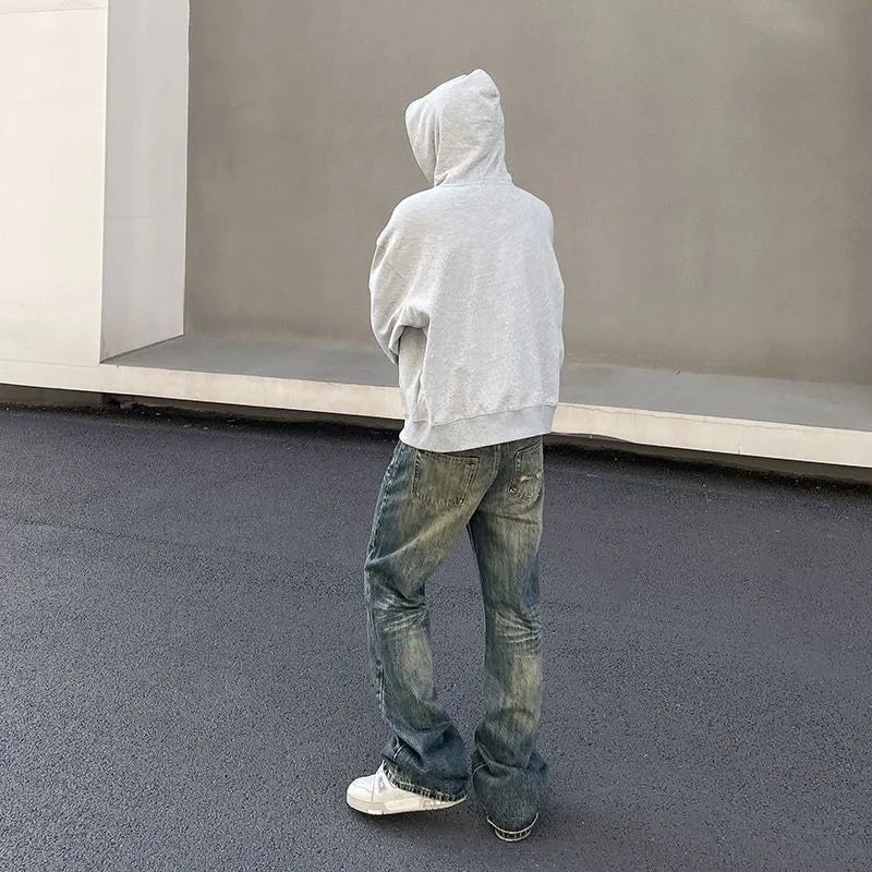 Mens Vintage Washed Distressed Loose Flare Denim Jeans
