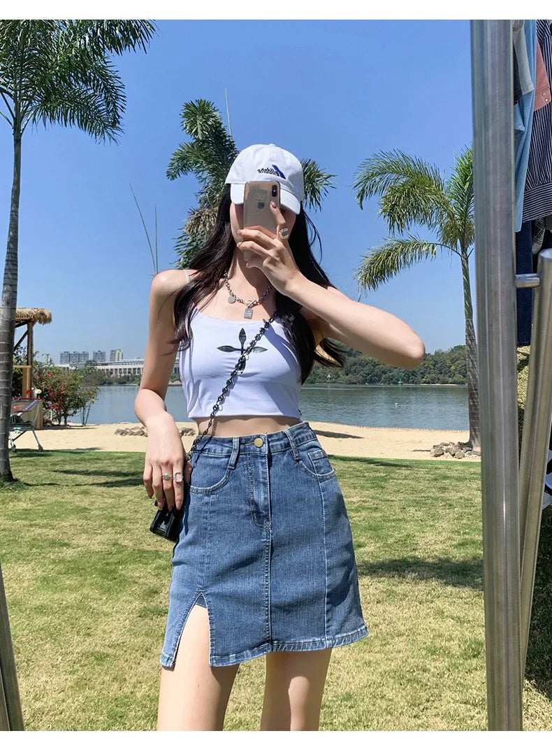 Denim Short Skirt Women's New Summer High Waist Split Half Body Retro Wrapped Hip Skirt  A-line Pant Skirt