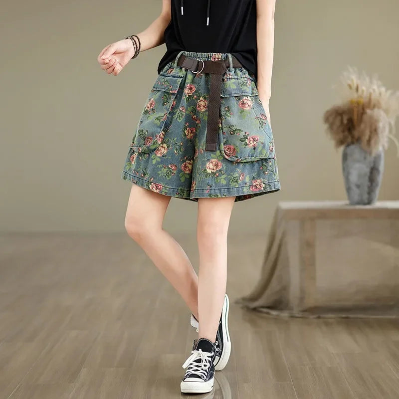 Retro Floral Printed Denim Wide-leg Shorts Women Summer Latest Fashion Baggy Big Size Girl Thin Elastic Waist Jean Short Pants