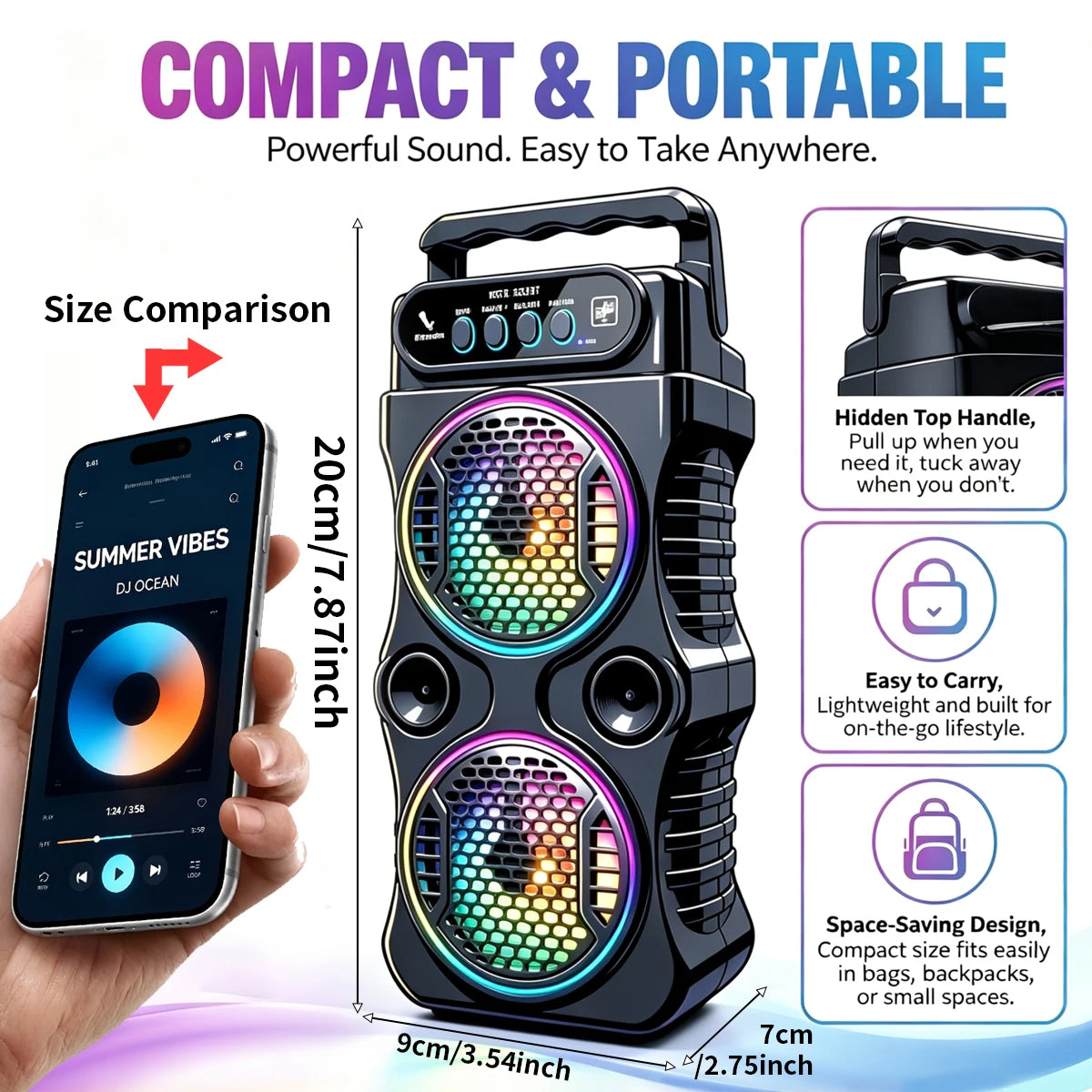 8800Hz Portable Bluetooth Speaker, Portable Heavy Bass Loud Speaker with RGB Colorful Lights & Microphone, Support USB TF