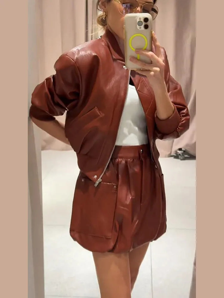 Spring Set Women's Matching Sets Faux Leather Bomber Jacket Two-Piece Set Top Mini Skirt Shorts Pants Woman Clothes Streetwear